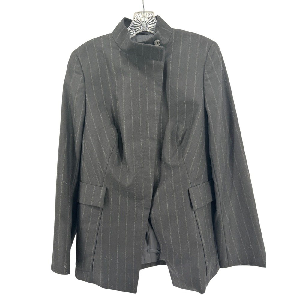 Akris Pinstripe Wool Blazer Womens 14 Black Mock Neck Hidden Placket Switzerland
